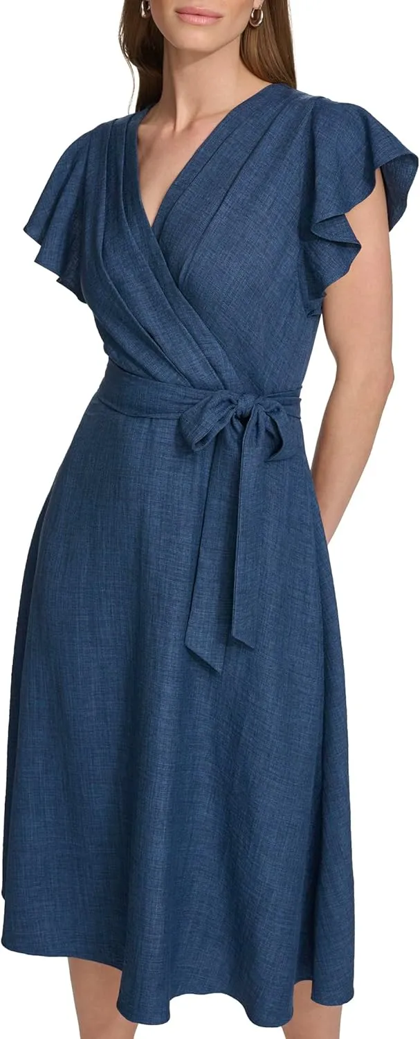 DKNY womens Flutter Sleeve Fit and Flare Midi Dress
