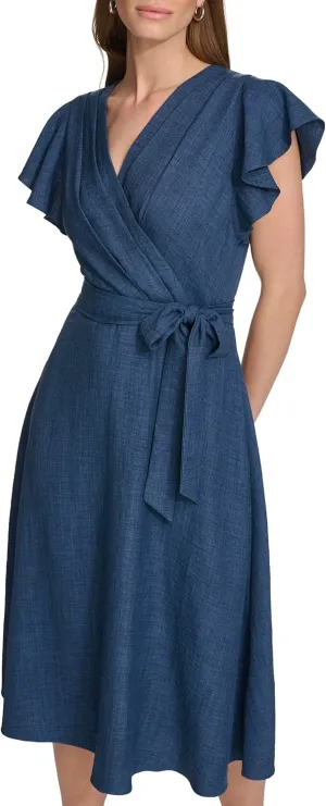 DKNY womens Flutter Sleeve Fit and Flare Midi Dress