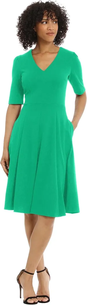 Donna Morgan Women's Stretch Crepe Elbow Sleeve V-Neck Fit and Flare Midi Dress