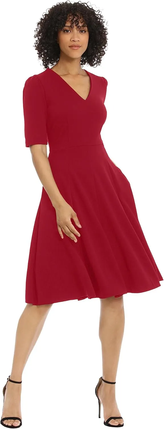 Donna Morgan Women's Stretch Crepe Elbow Sleeve V-Neck Fit and Flare Midi Dress