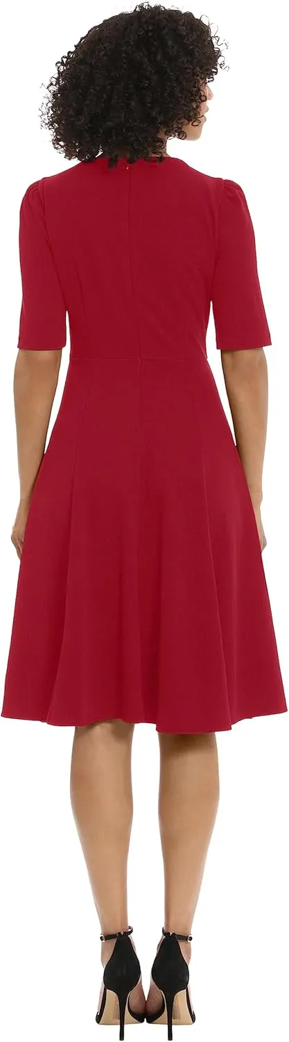 Donna Morgan Women's Stretch Crepe Elbow Sleeve V-Neck Fit and Flare Midi Dress
