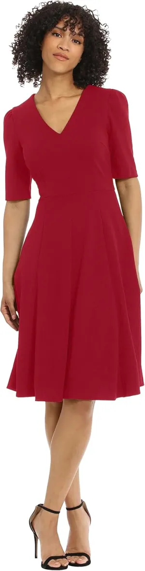 Donna Morgan Women's Stretch Crepe Elbow Sleeve V-Neck Fit and Flare Midi Dress