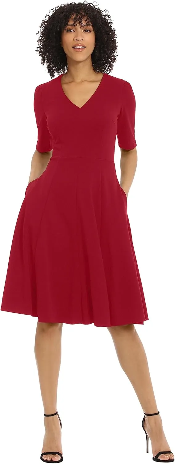 Donna Morgan Women's Stretch Crepe Elbow Sleeve V-Neck Fit and Flare Midi Dress