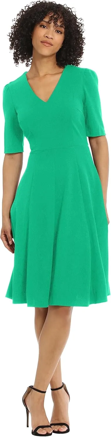 Donna Morgan Women's Stretch Crepe Elbow Sleeve V-Neck Fit and Flare Midi Dress