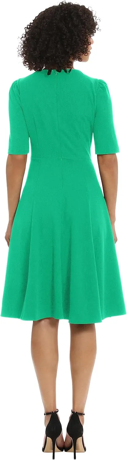 Donna Morgan Women's Stretch Crepe Elbow Sleeve V-Neck Fit and Flare Midi Dress