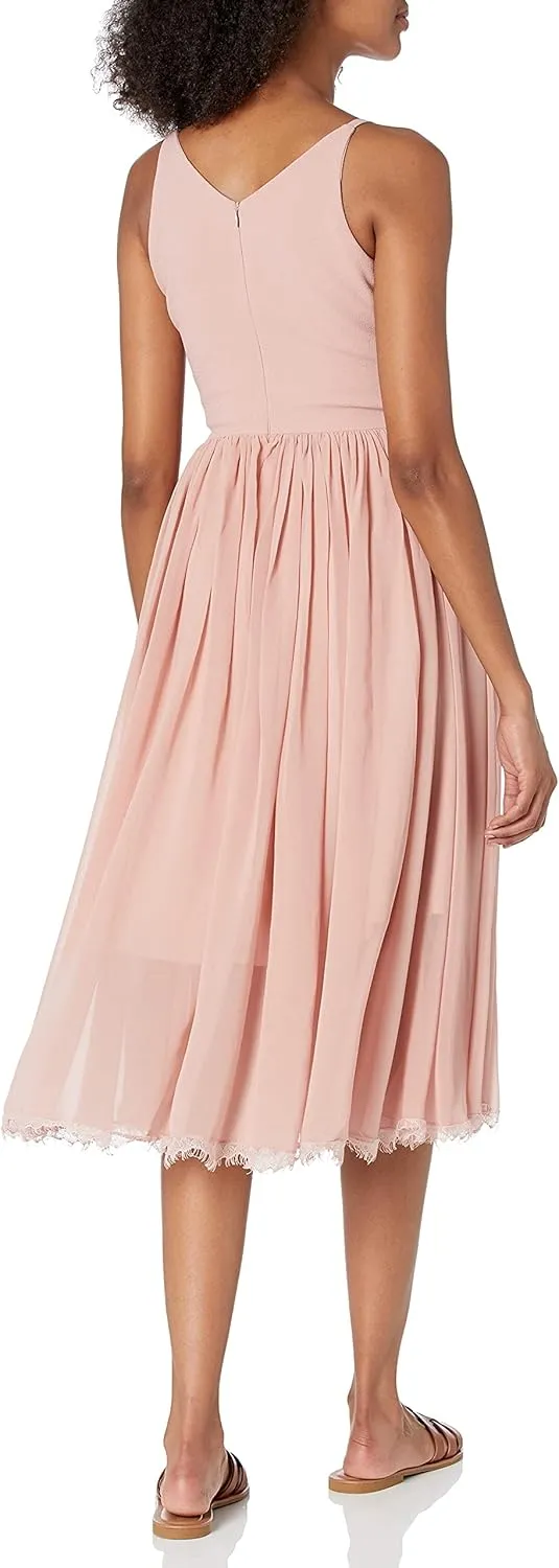 Dress the Population Women's Alicia Plunging Mix Media Sleeveless Fit and Flare Midi Dress