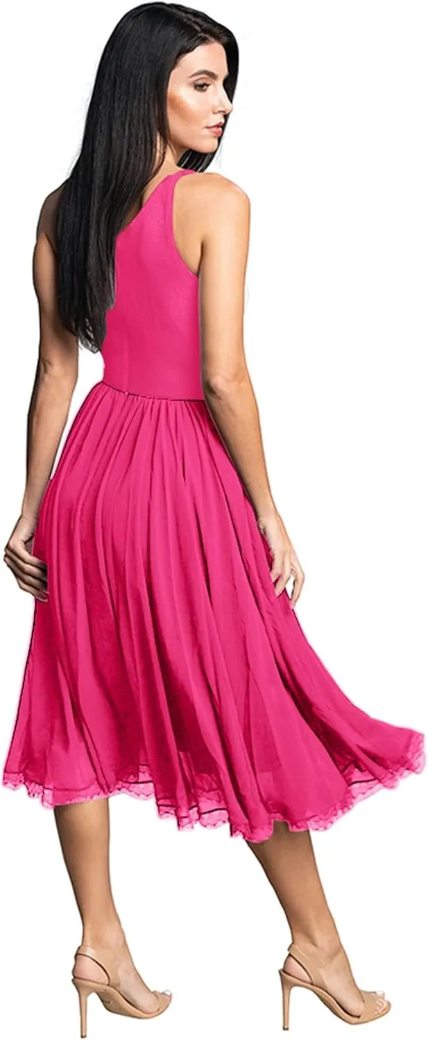 Dress the Population Women's Alicia Plunging Mix Media Sleeveless Fit and Flare Midi Dress
