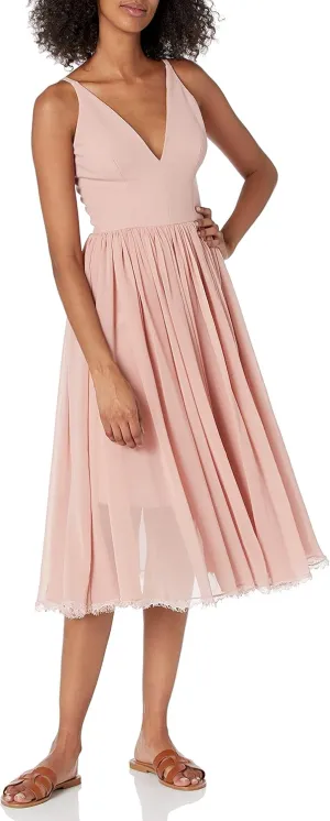 Dress the Population Women's Alicia Plunging Mix Media Sleeveless Fit and Flare Midi Dress
