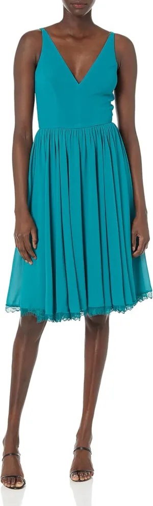 Dress the Population Women's Alicia Plunging Mix Media Sleeveless Fit and Flare Midi Dress