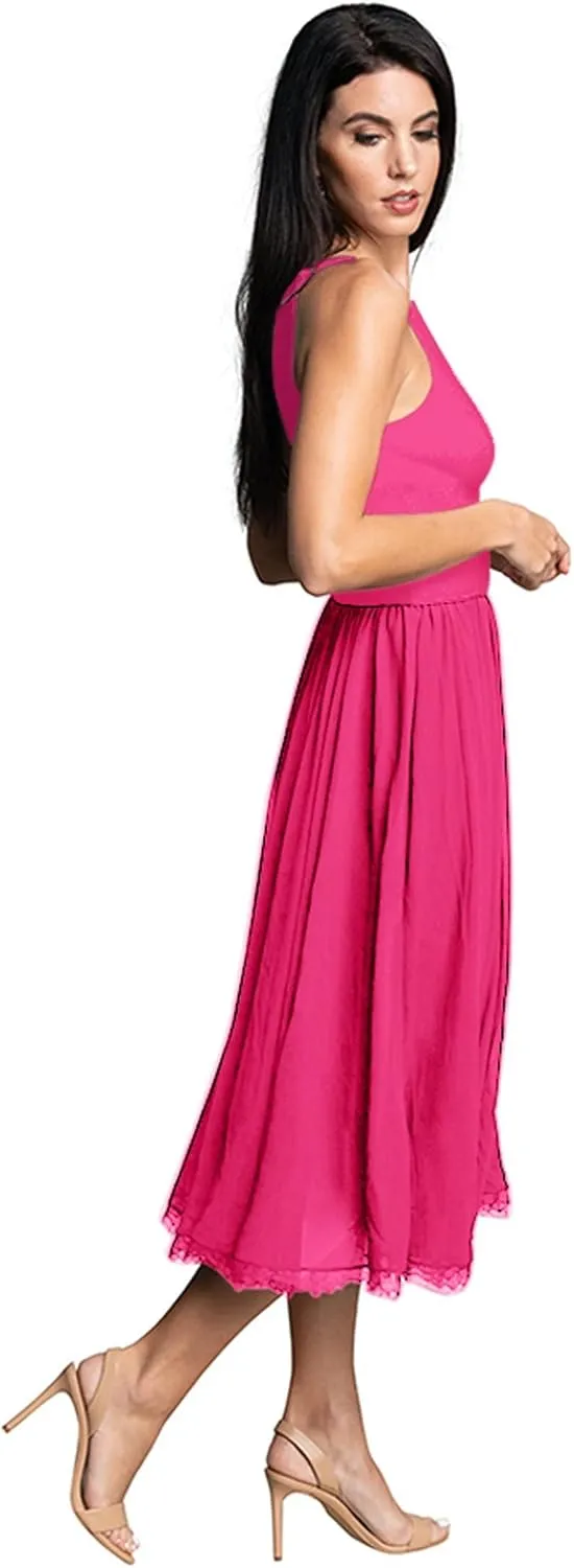 Dress the Population Women's Alicia Plunging Mix Media Sleeveless Fit and Flare Midi Dress
