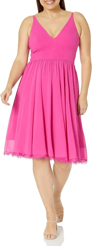 Dress the Population Women's Alicia Plunging Mix Media Sleeveless Fit and Flare Midi Dress