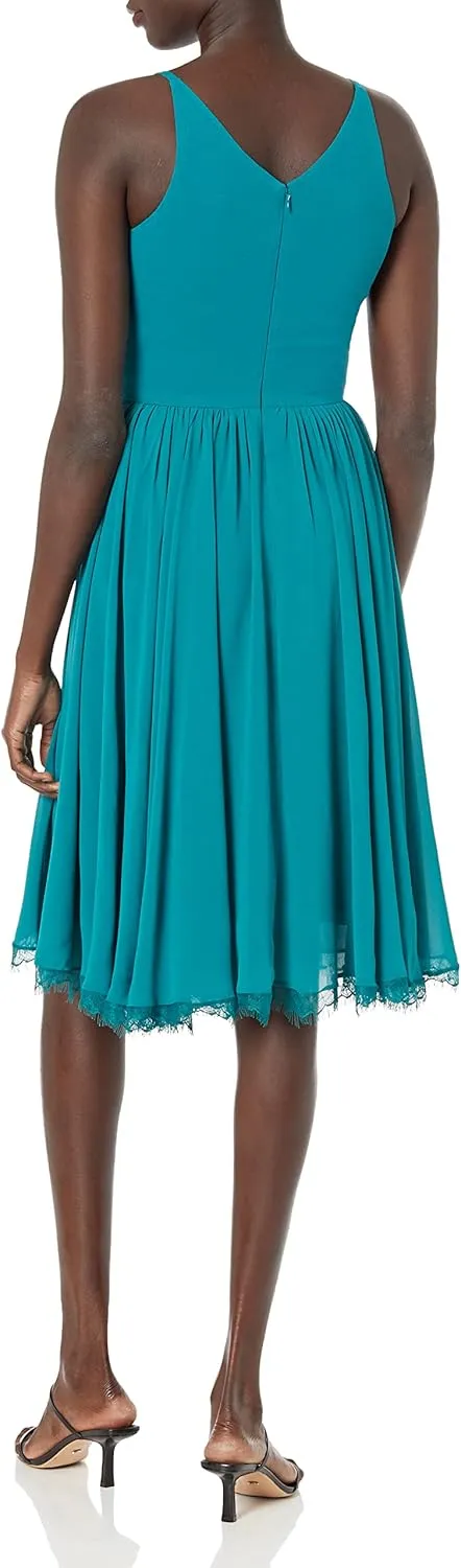 Dress the Population Women's Alicia Plunging Mix Media Sleeveless Fit and Flare Midi Dress