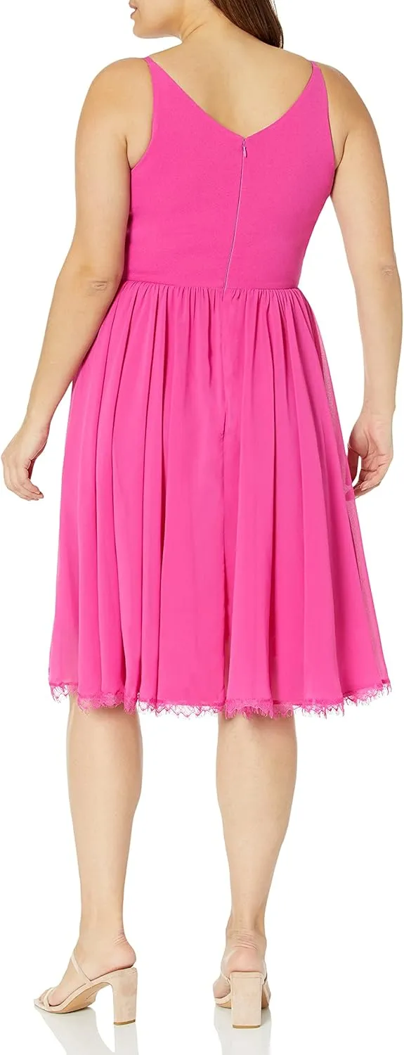 Dress the Population Women's Alicia Plunging Mix Media Sleeveless Fit and Flare Midi Dress