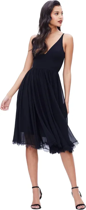 Dress the Population Women's Alicia Plunging Mix Media Sleeveless Fit and Flare Midi Dress