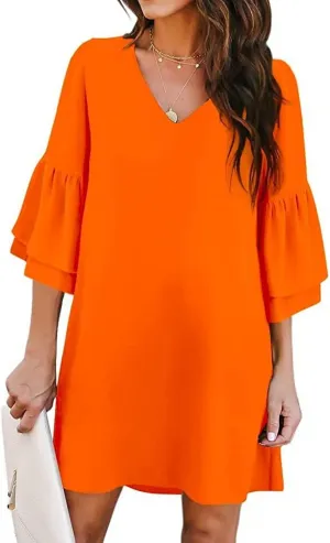 Dresses for Women Summer Flare Sleeve V Neck Loose Fit Mini Dress A Line Casual Plus Size Sundress 2025