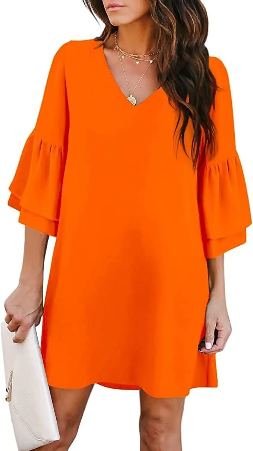 Dresses for Women Summer Flare Sleeve V Neck Loose Fit Mini Dress A Line Casual Plus Size Sundress 2025