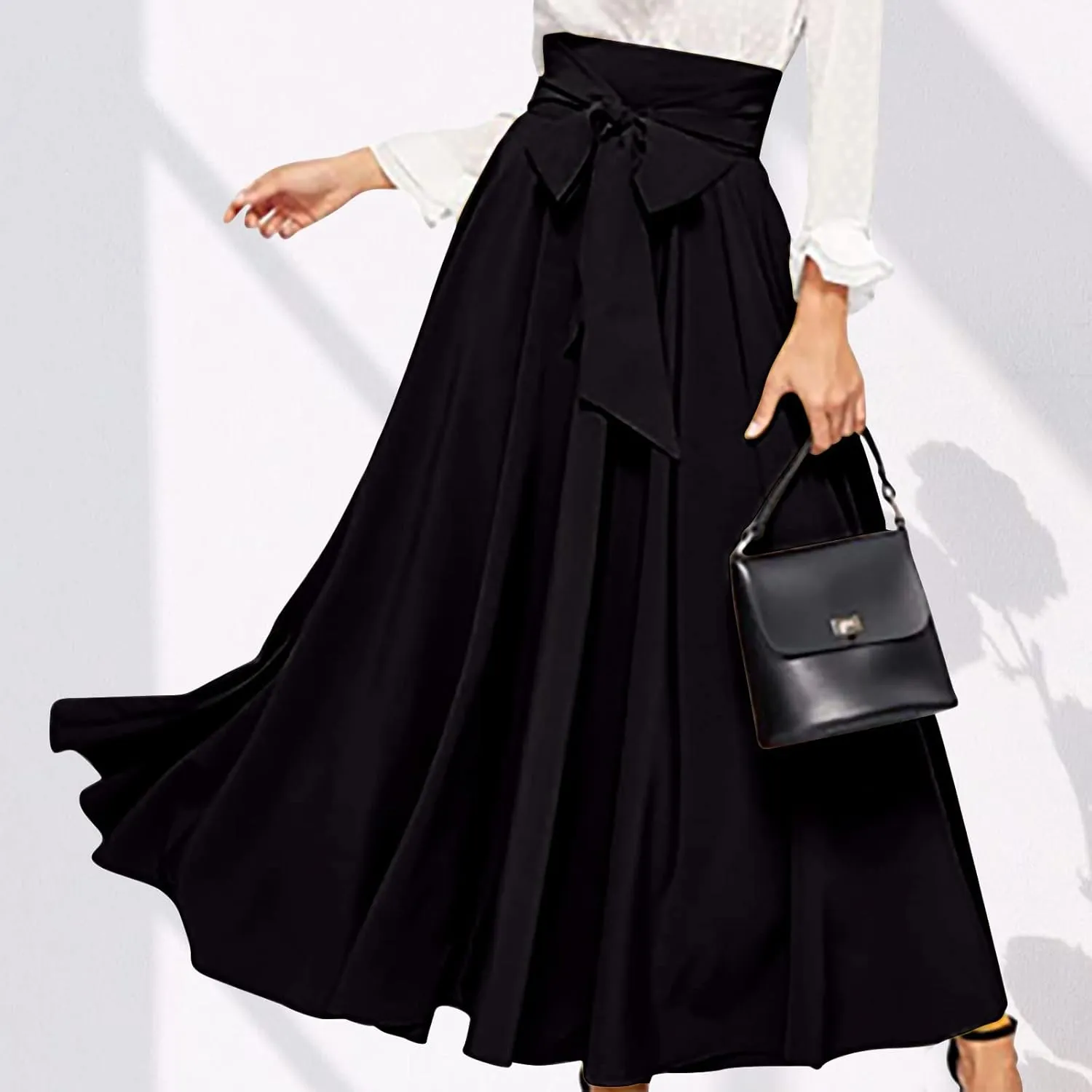 Elegant High Waisted Skirts for Women Elastic A Line Flared Skirt Stretchy Pleated Midi Skirts Ankle Length Skirt