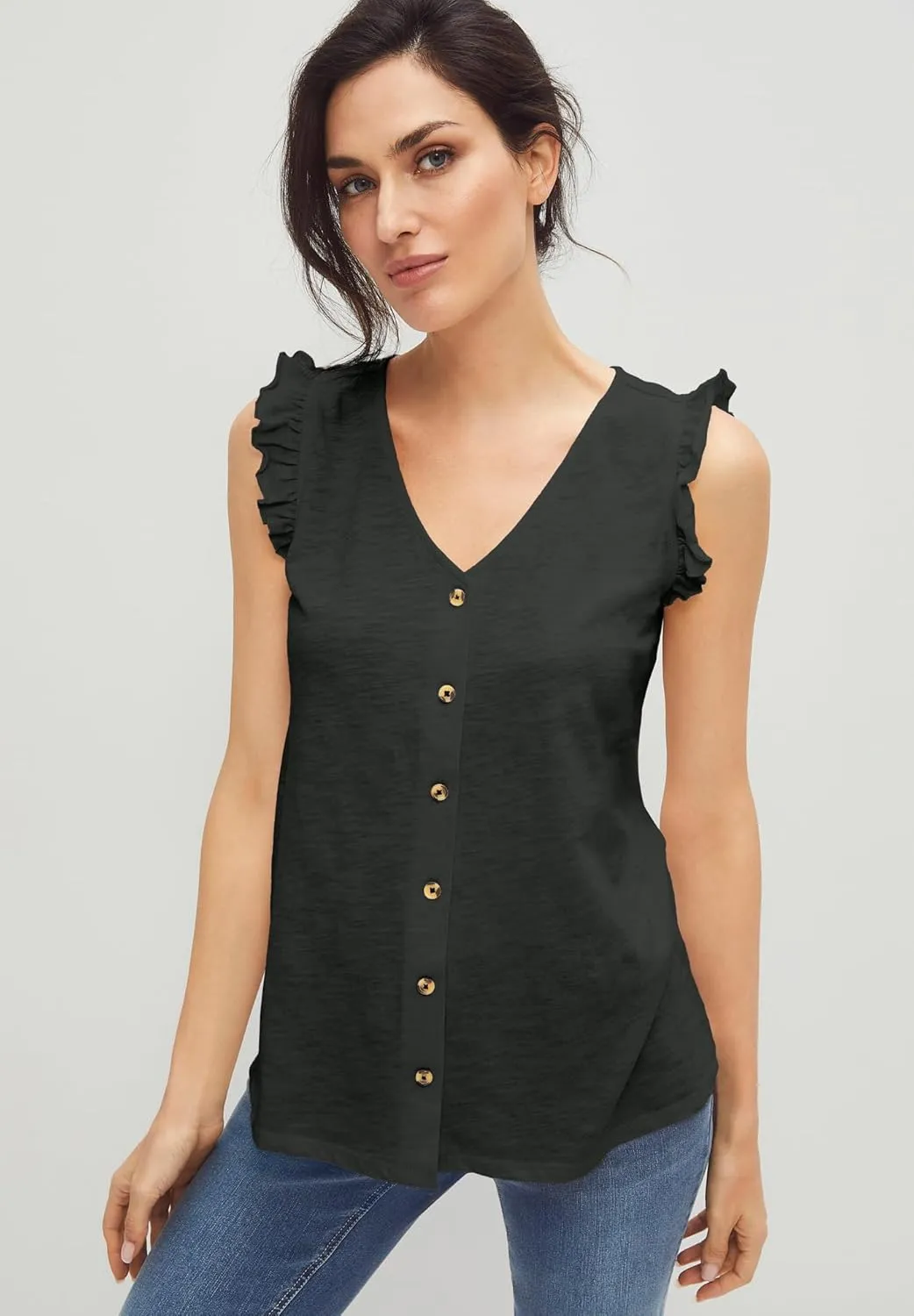 ellos Plus Size Button-Front Ruffle Sleeve Tank