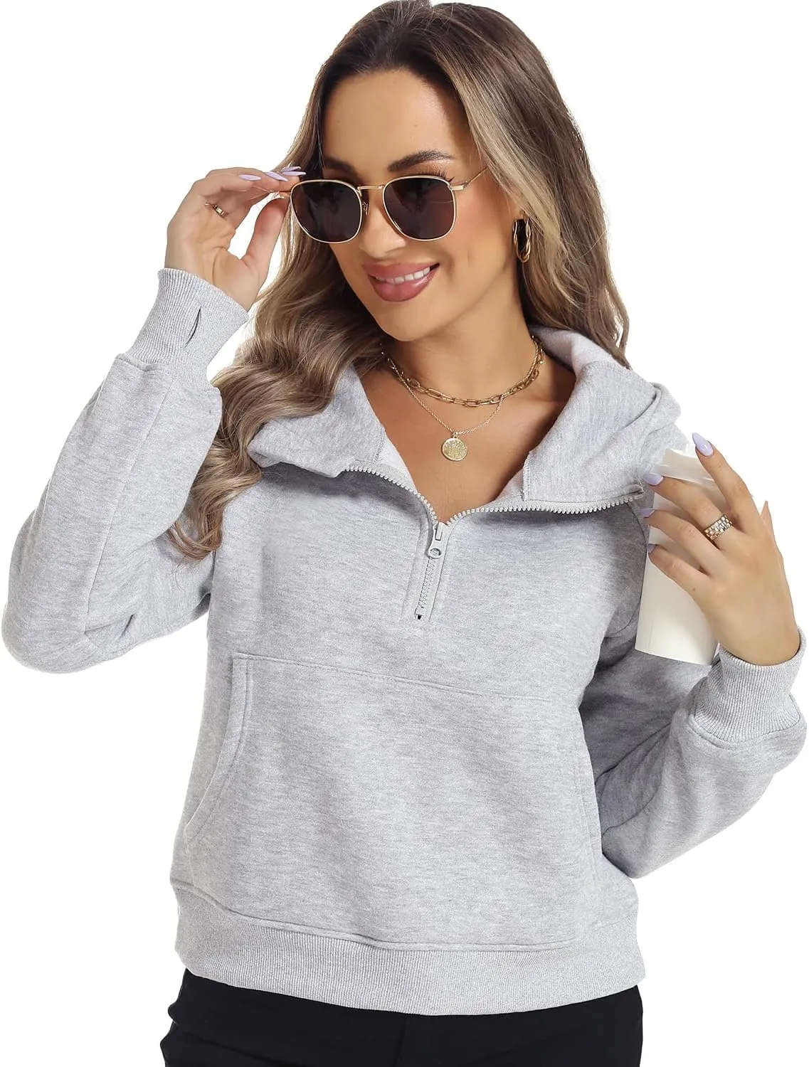 FANCYINN Womens Cropped Hoodies Half Zip Sweatshirt Plain Stylish Fleece Lined Pullover Sweater Outfits with Hat