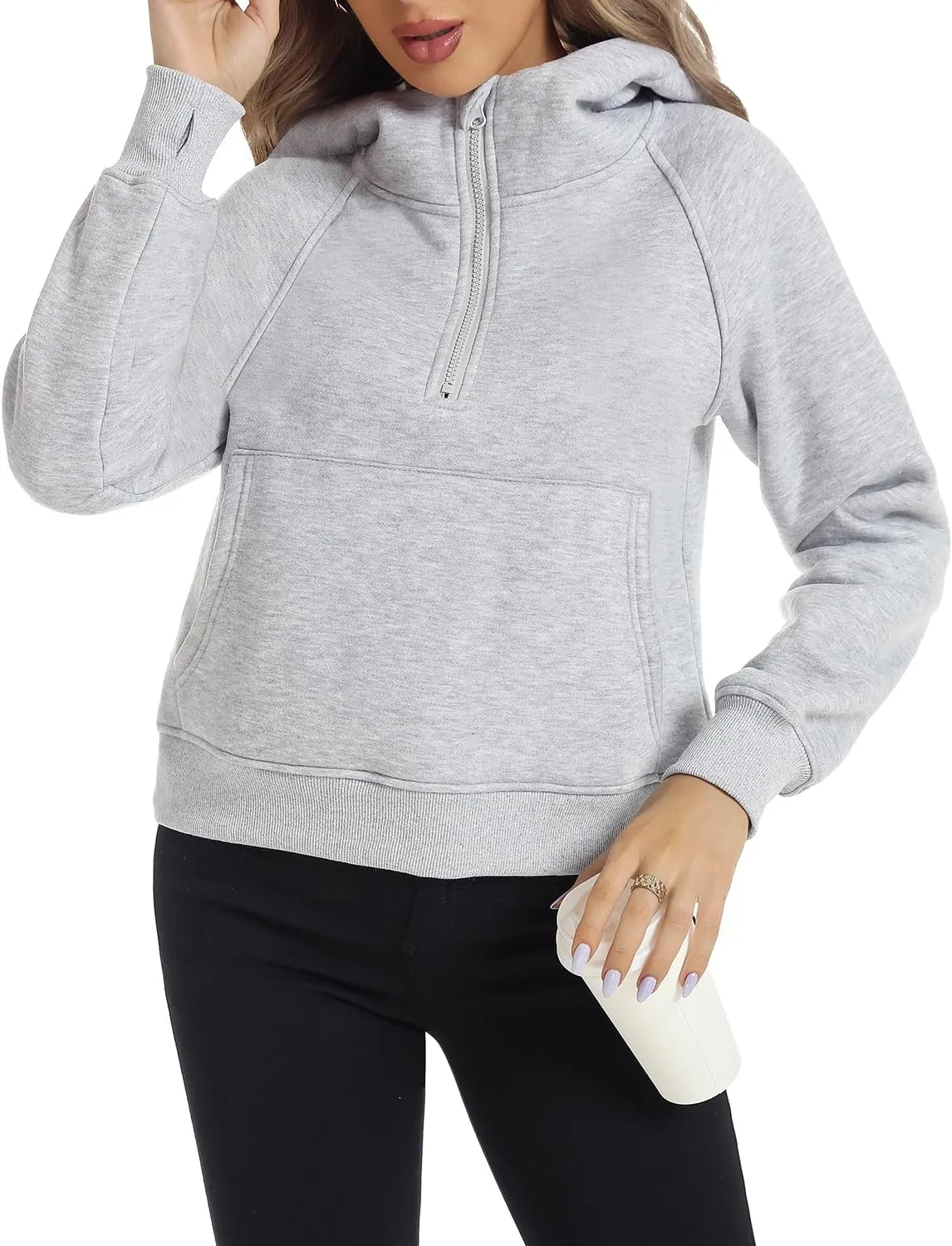 FANCYINN Womens Cropped Hoodies Half Zip Sweatshirt Plain Stylish Fleece Lined Pullover Sweater Outfits with Hat