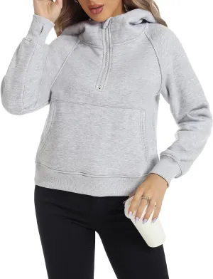 FANCYINN Womens Cropped Hoodies Half Zip Sweatshirt Plain Stylish Fleece Lined Pullover Sweater Outfits with Hat