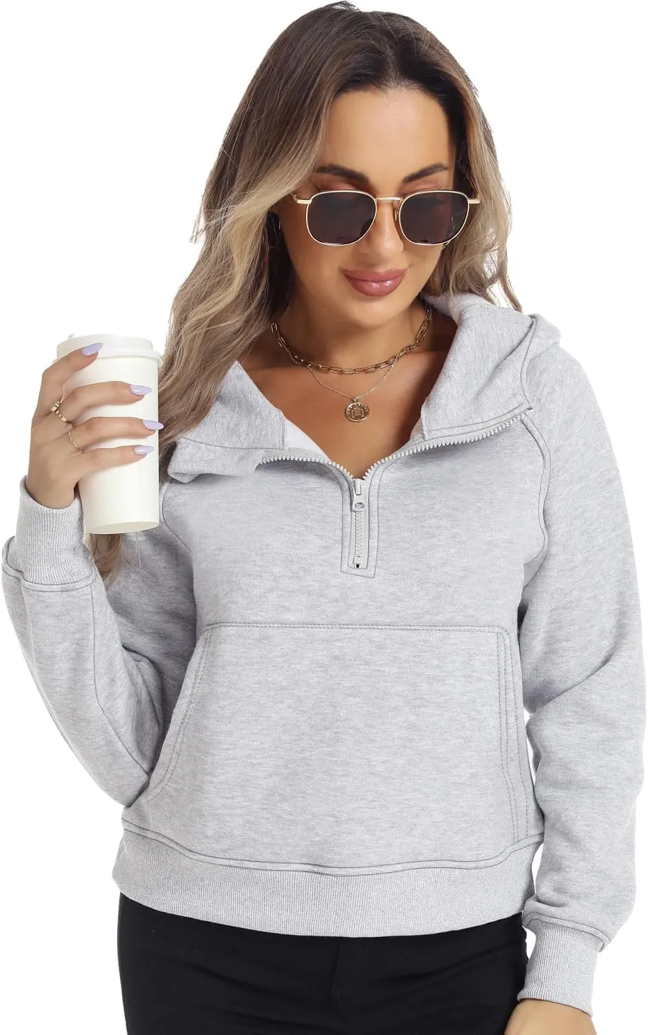 FANCYINN Womens Cropped Hoodies Half Zip Sweatshirt Plain Stylish Fleece Lined Pullover Sweater Outfits with Hat