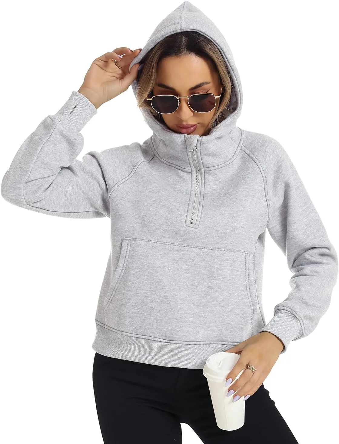 FANCYINN Womens Cropped Hoodies Half Zip Sweatshirt Plain Stylish Fleece Lined Pullover Sweater Outfits with Hat