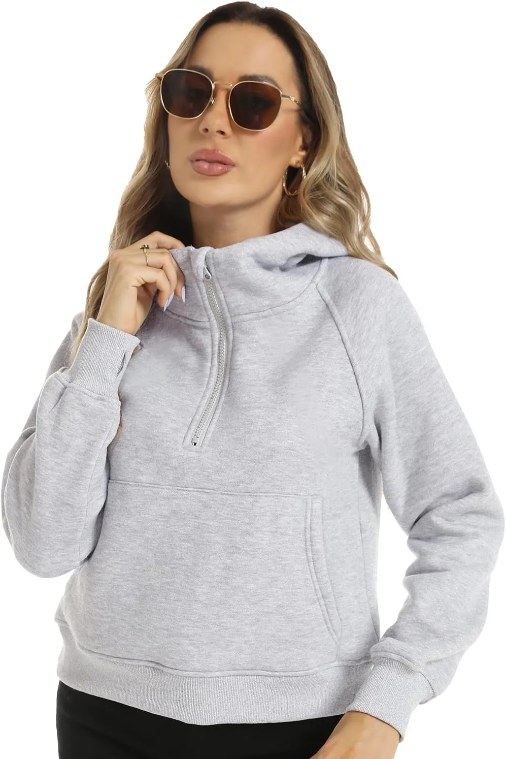 FANCYINN Womens Cropped Hoodies Half Zip Sweatshirt Plain Stylish Fleece Lined Pullover Sweater Outfits with Hat