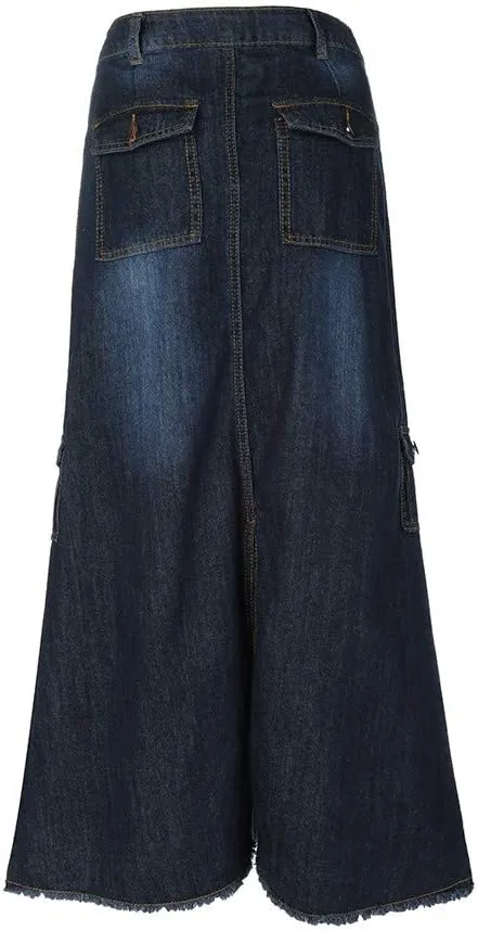 Fashion Straight Maxi Skirt for Women Trendy Long Mid Waist Womens Denim Button Front Pocket Maxi Skirts Trendy plus Size