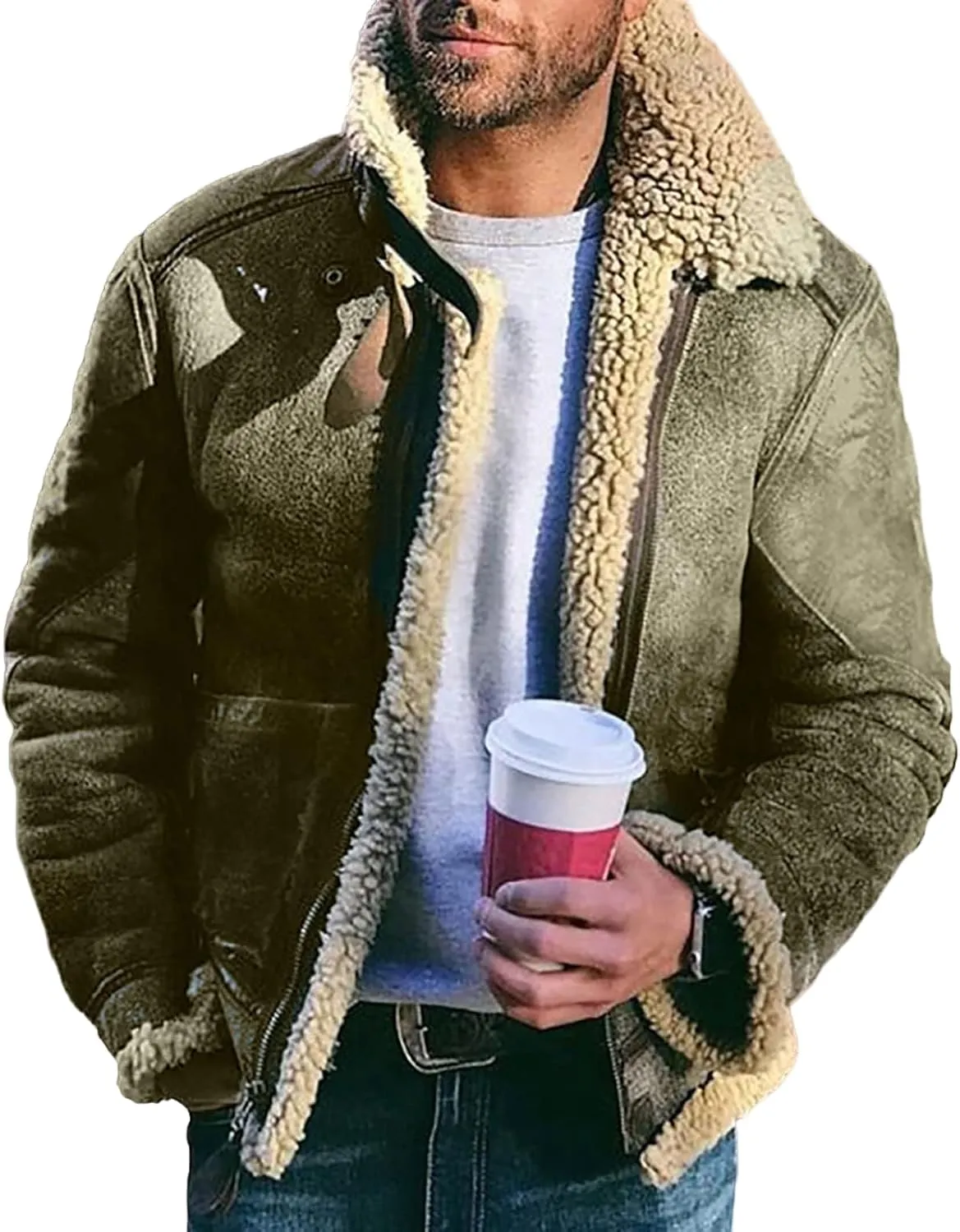 Faux Leather Jacket Men Suede Faux Fur Collar Jacket Outwear Warm Winter Coat Casual Lapel Sherpa Lined Overcoat