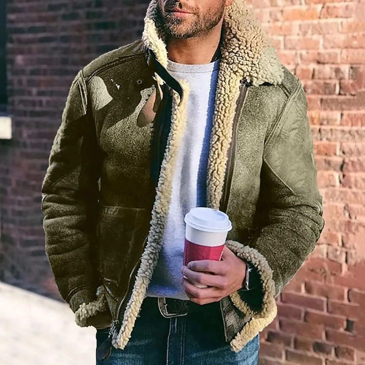 Faux Leather Jacket Men Suede Faux Fur Collar Jacket Outwear Warm Winter Coat Casual Lapel Sherpa Lined Overcoat