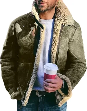 Faux Leather Jacket Men Suede Faux Fur Collar Jacket Outwear Warm Winter Coat Casual Lapel Sherpa Lined Overcoat