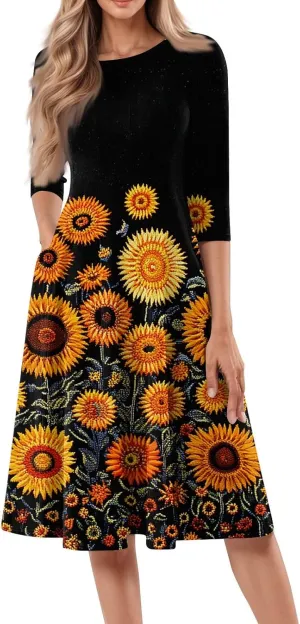 Fit and Flare Dress for Women Midi 3/4 Length Sleeve Dress Crewneck Dresses 2025 Casual Spring Dress
