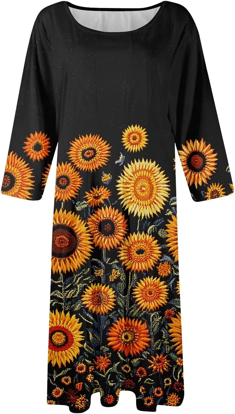 Fit and Flare Dress for Women Midi 3/4 Length Sleeve Dress Crewneck Dresses 2025 Casual Spring Dress