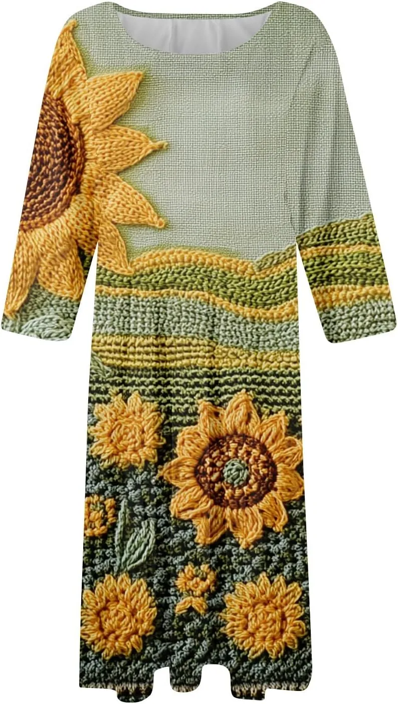 Fit and Flare Dress for Women Midi 3/4 Length Sleeve Dress Crewneck Dresses 2025 Casual Spring Dress