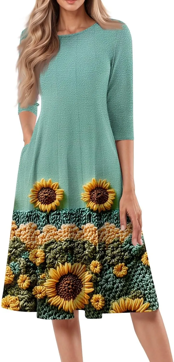 Fit and Flare Dress for Women Midi 3/4 Length Sleeve Dress Crewneck Dresses 2025 Casual Spring Dress
