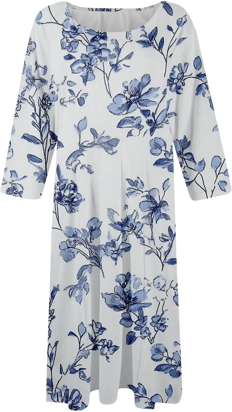 Fit and Flare Dress for Women Midi 3/4 Length Sleeve Dress Crewneck Dresses 2025 Casual Spring Dress