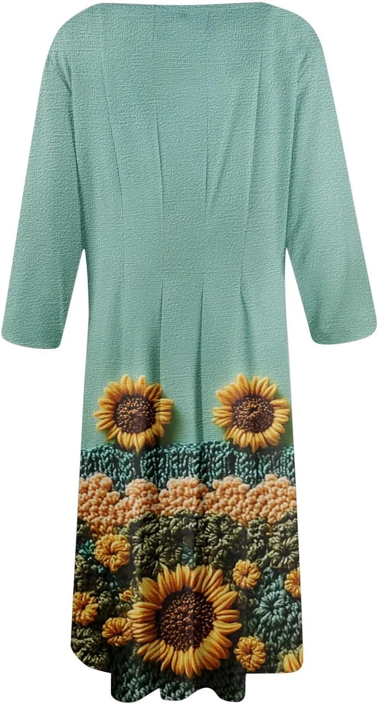 Fit and Flare Dress for Women Midi 3/4 Length Sleeve Dress Crewneck Dresses 2025 Casual Spring Dress