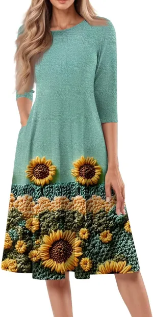 Fit and Flare Dress for Women Midi 3/4 Length Sleeve Dress Crewneck Dresses 2025 Casual Spring Dress