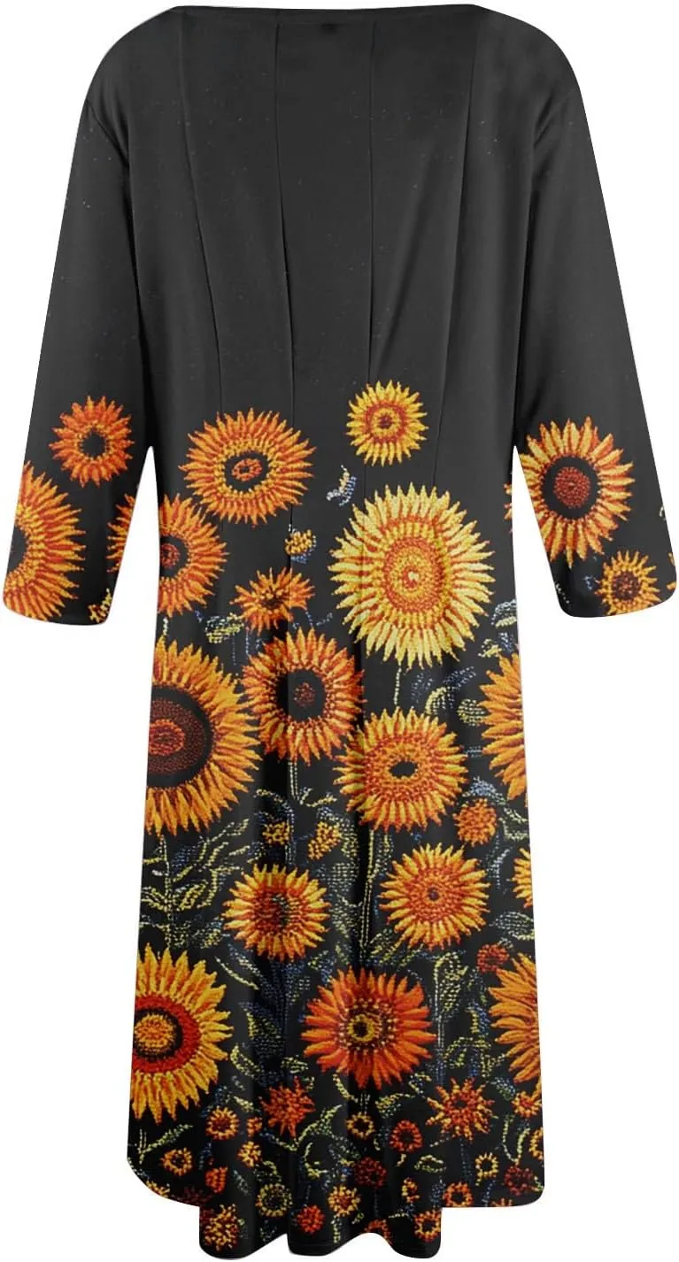 Fit and Flare Dress for Women Midi 3/4 Length Sleeve Dress Crewneck Dresses 2025 Casual Spring Dress