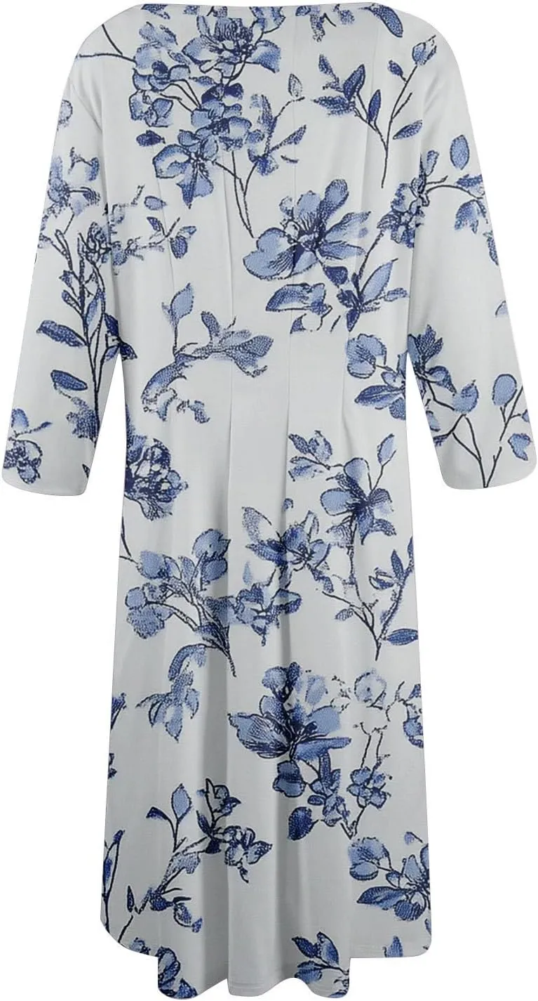 Fit and Flare Dress for Women Midi 3/4 Length Sleeve Dress Crewneck Dresses 2025 Casual Spring Dress