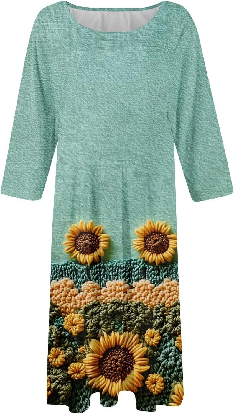 Fit and Flare Dress for Women Midi 3/4 Length Sleeve Dress Crewneck Dresses 2025 Casual Spring Dress