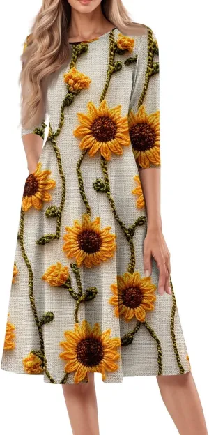 Fit and Flare Dress for Women Midi 3/4 Length Sleeve Dress Crewneck Dresses 2025 Casual Spring Dress