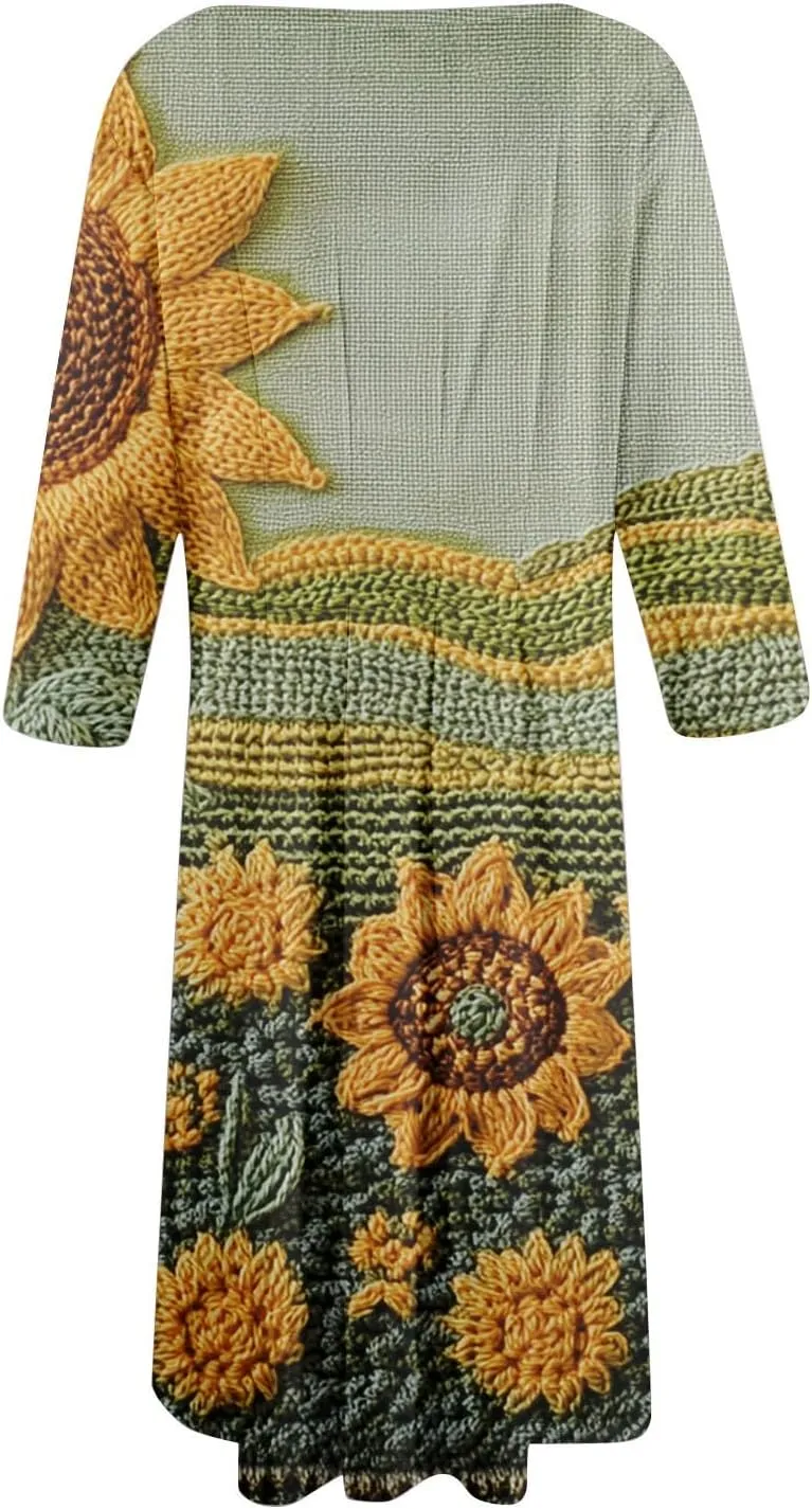Fit and Flare Dress for Women Midi 3/4 Length Sleeve Dress Crewneck Dresses 2025 Casual Spring Dress