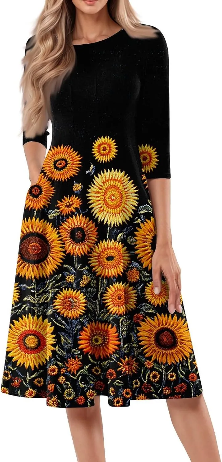 Fit and Flare Dress for Women Midi 3/4 Length Sleeve Dress Crewneck Dresses 2025 Casual Spring Dress