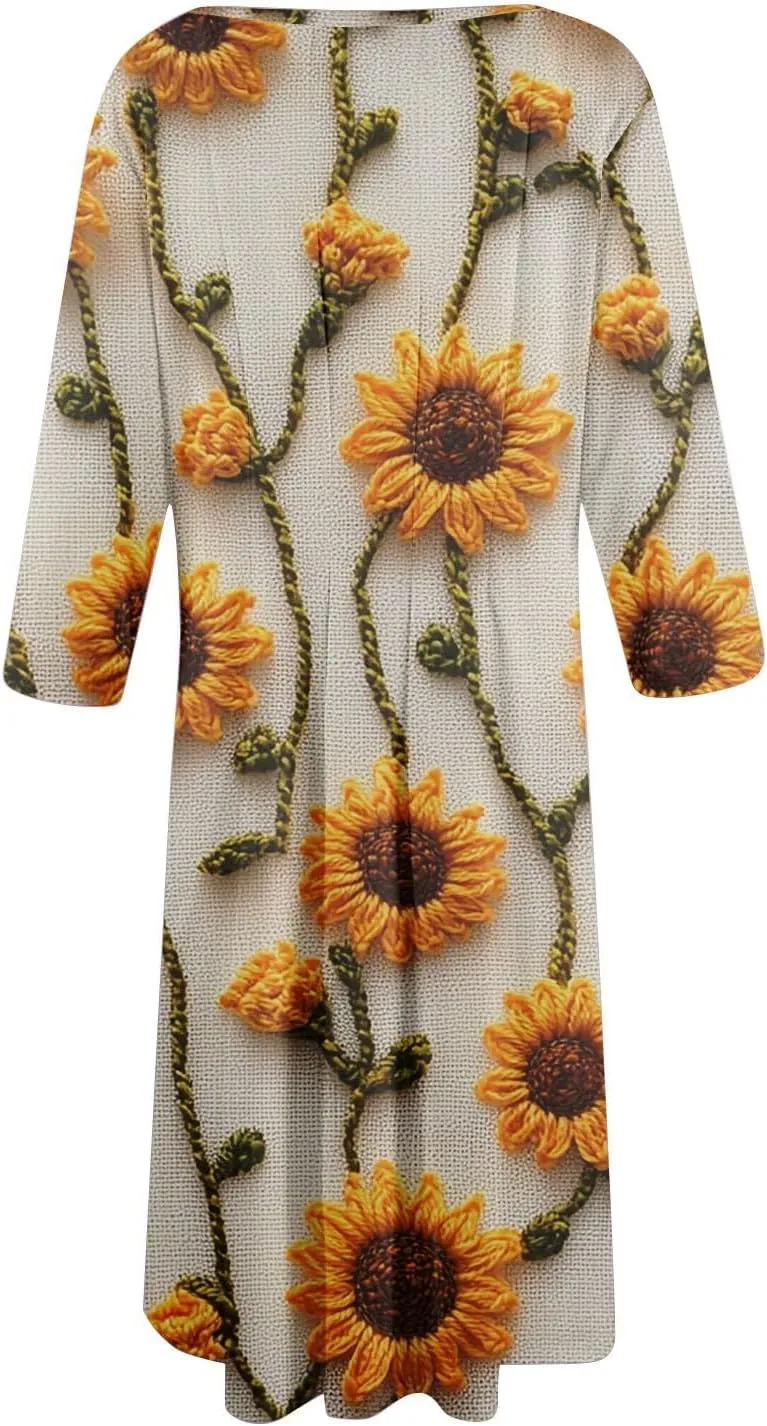 Fit and Flare Dress for Women Midi 3/4 Length Sleeve Dress Crewneck Dresses 2025 Casual Spring Dress