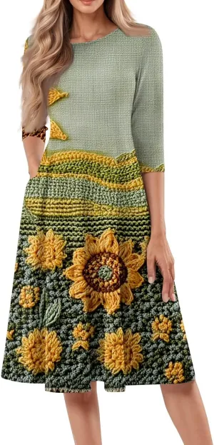 Fit and Flare Dress for Women Midi 3/4 Length Sleeve Dress Crewneck Dresses 2025 Casual Spring Dress