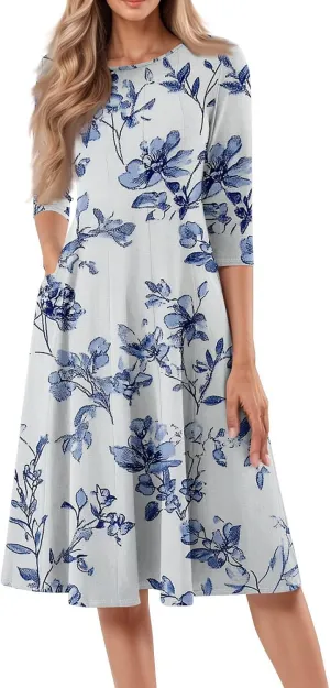 Fit and Flare Dress for Women Midi 3/4 Length Sleeve Dress Crewneck Dresses 2025 Casual Spring Dress