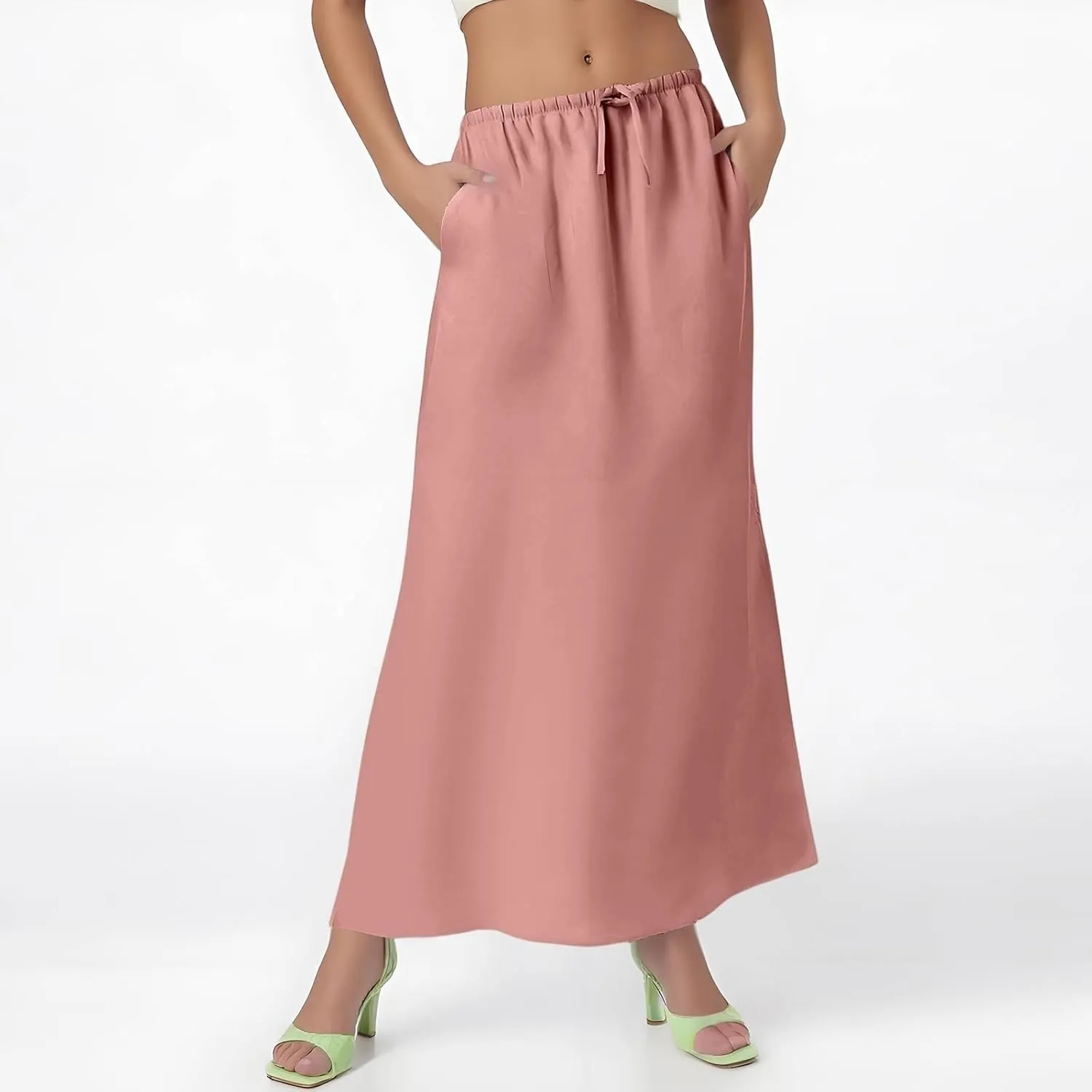 Flared Maxi Skirt for Women Summer Comfortable Drawstring High Waisted Skort Casual Solid Color A Line Beach Skirts