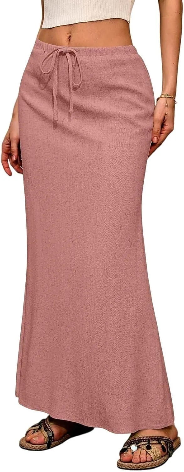 Flared Maxi Skirt for Women Summer Comfortable Drawstring High Waisted Skort Casual Solid Color A Line Beach Skirts
